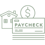 house, paycheck and coin graphic